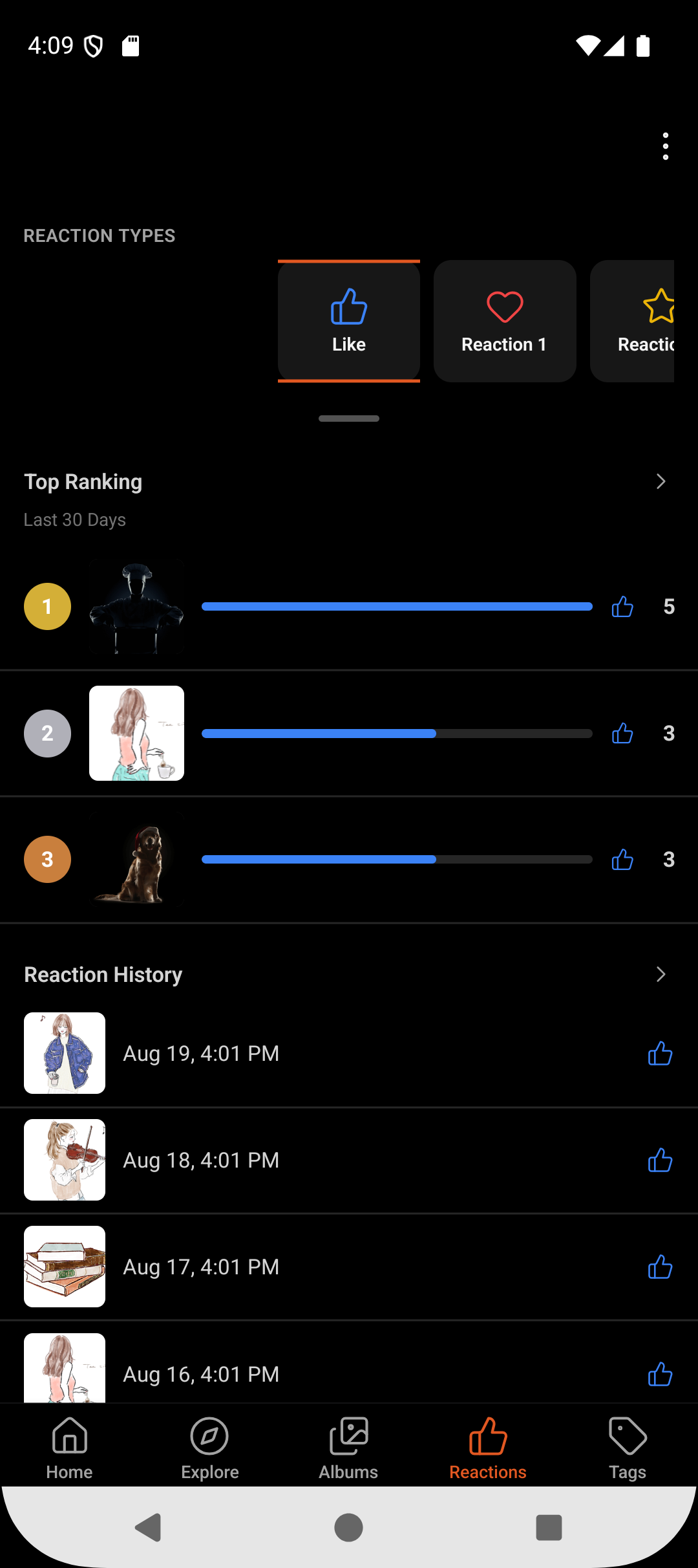 Reactions screen